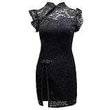 YAROVA Womens Chinese Dress -Women Vintage Cheongsam Summer Short Sleeve Retro Qipao Korean Style Fashion Sexy Lace Elegant Slim Dresses for Wedding Banquet,Black,XL