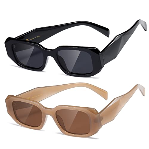 kimorn Rectangle Sunglasses for Women Men Trendy Retro Trendy Sun Glasses 90’s Vintage Square Frame K1307 (Black+Camel Frame Brown Lens)