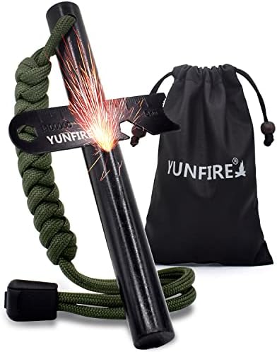 Fire Starter-5" x 1/2" Thick Ferro Rod with Multi-Tool Striker & Type 550 Paracord, 25,000+ Strikes, Drilled Flint Fire Steel for Emergency Survival, Camping, Hiking (Green)
