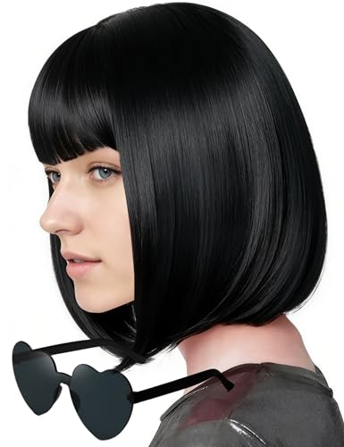 MIUSKATL 12 Inch Short Bob Wigs with Bangs Sunglasses for Women(Black)