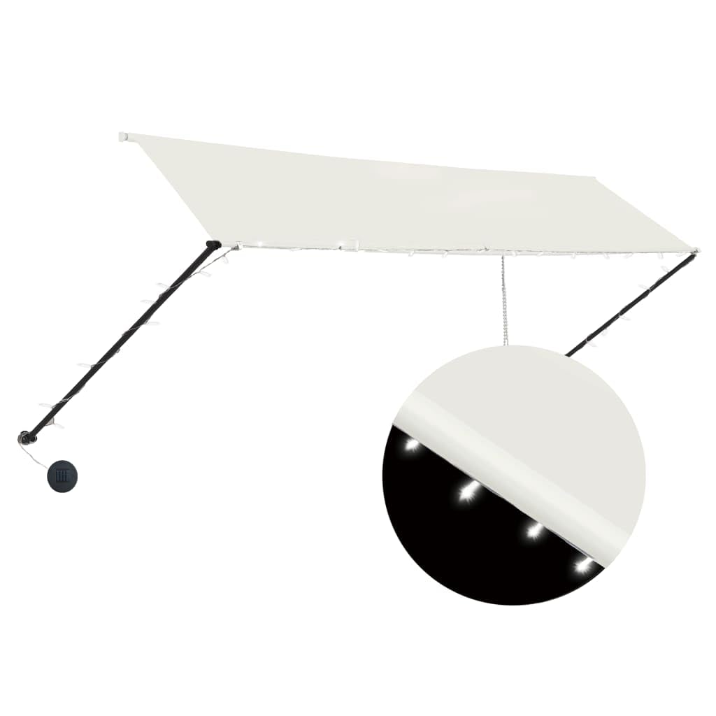 Chowany żagiel przeciwsłoneczny z diodami LED 350 x 150 cm, kremowy, wodoodporny i odporny na promieniowanie UV, na taras, balkon lub do ogrodu, wysokiej jakości tkanina z powłoką PA i ramą