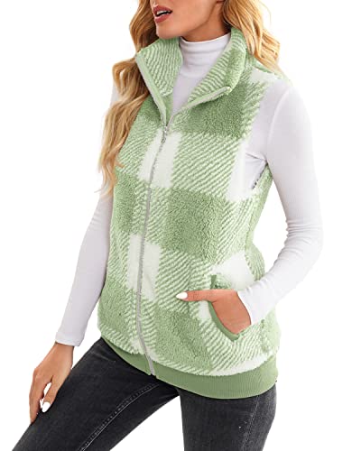 Lamissche Womens Fuzzy Fleece Zip Up Vest Sleeveless Plaid Fluffy Sherpa Coat Warm Faux Fur Jacket With Pockets(A01-Light Green,2Xl) #TOP4