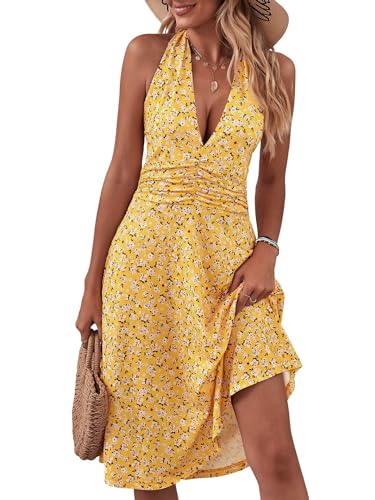BETYFUL Sommerkleid Damen V-Ausschnitt Rückenfreies Kleid Neckholder Sexy Midi Leicht Kleid Strandkleid Boho Kleider mit 2 Taschen