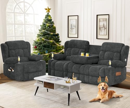 Dresegmt Loveseat Recliner Sofa Set, Flip Middle Backrest Design 3 Seater Reclining Sofa and Single Oversized Recliner Chair, Manual Couches for Living Room/RV (Gray, 3+1)