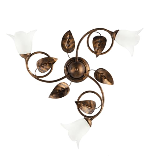 Plafoniera Classica 3 Luci con Foglie Ferro Battuto e Vetro Bronzo Serie Limone