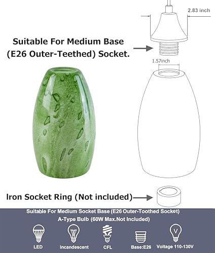 Image of GO&SO Green Glass Lamp Shade 3Pcs,7.8 inch H x 4 inch D,Oval Pendant Light Shades | 1.57 inch Fitter E26 Base,Chandelier Shades for Kitchen Island,Hanging Light Shades,Hand-Blown Art Fixtures