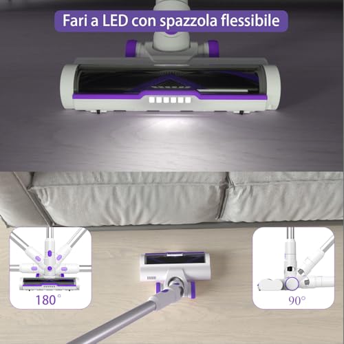 Vozascly 550W/45KPA Aspirapolvere Senza Fili Scopa Elettrica Senza Fili con Display Intelligente e Anti-Avvolgimento Scope Elettriche per Pavimenti Tappeti Peli Animali Domestici - Immagine 3
