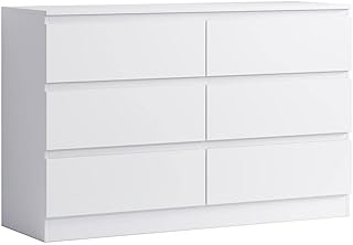 FWStyle Carlton 6 Drawer Chest of Drawers Matt White, Wide 3+3 Bedroom Storage Cabinet with Handleless Drawers & Scratch Resistant Finish, H77 x W110 x D40cm