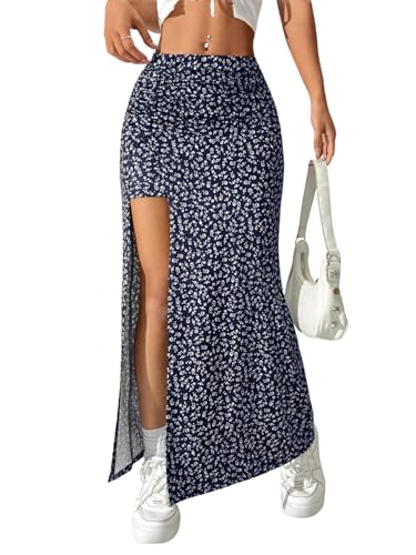 EARKOHA 2025 Skirts for Women Women's Ditsy Floral Full-Print Slit Skirt, Casual Holiday Wear Navy Blue S