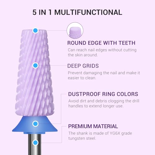 Image of MelodySusie 5 in 1 Nail Drill Bits, 3 /32'' Ceramic Cross Cut Bits, Suitable for Manicure Pedicure Cuticle Gel Polishing, Pink, Series Bit-M, Medium, Purple