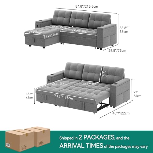 DWVO L-Shaped Sectional Sofa with USB & Chaise, 4-seat Fabric Convertible Couch Bed w/Pull Out Bed & Storage, Reversible Sleeper Sofa for Living Room, Light Gray