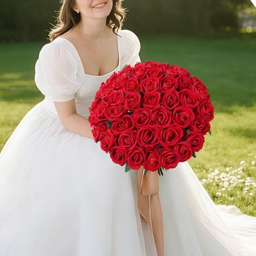 Image of INSPRING 50 PCS Red Roses Artificial Flowers with Long Stems | Real Looking, Fake Roses, Silk Flowers, DIY Bouquet, Wedding Party Celebration Home Bridal Decoration Gift, for Her Wife