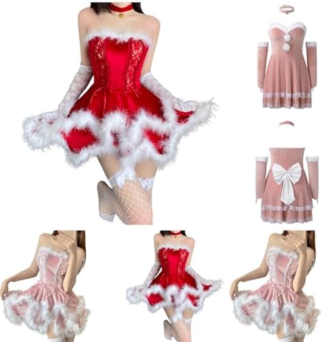Valentines Sexy Lingerie Set Women fur Trim Tutu Babydoll skirt Teddy Naughty Bodysuit with headband necklace Lace gloves