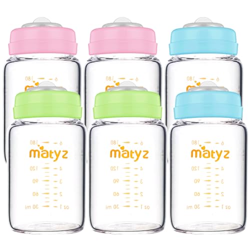Image of Matyz 6-PACK Borosilicate Glass Breast Milk Bottles (6 oz, 3 Colors) - Wide Neck Breastmilk Collection and Storage Bottle - Formula Storage Bottles Compatible With Medela Avent Spectra Pumps
