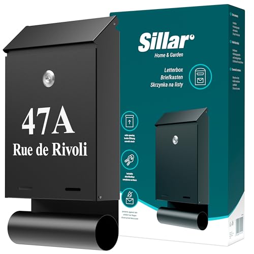 Sillar Buzón de Pared, con Cerradura | Personalizado con Nombre Calle y número de casa | Acero galvanizado, Resistente a Las inclemencias del Tiempo y UV | 32,3 × 18,5 × 5 cm, Negro | 2 Llaves