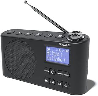 DAB DAB+ FM Digital Radio, Bluetooth, Portable, Dual Alarm, Rechargeable Battery & Mains, AUX, Headphone, 60 Presets, Sleep timer (AZATOM Solo B1 Black)