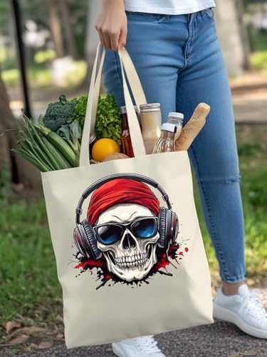 Canvas Tote Bag Funny Skull With Headphones Reusable Grocery Shopping Bag,Shoulder Tote Bags for Women Travel Work Gym4