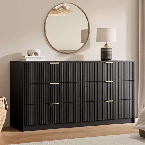 Image of MAISONARIA Black 6 Drawer Dresser for Bedroom, 55 inch Wide Modern Chest of Drawers with Gold Metal Handles, Fluted Wood TV Stand for Living Room, Hallway