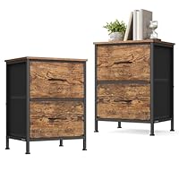 SONGMICS BELLAH Collection - Bedside Table with 2 Drawers, Side End Tables, for Bedroom, Steel, Set of 2, Industrial, Rustic Brown and Ink Black LGS112KD01