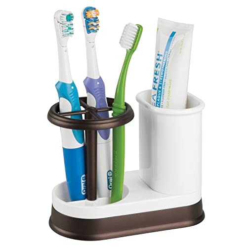 Mdesign Decorative Bathroom Dental Storage Organizer Holder Stand For Electric Spin Toothbrush/Toothpaste - Compact Design For Countertop And Vanity, Holds 4 Standard Brushes - White/Bronze #TOP6