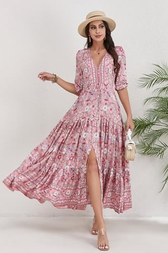 Image of Women Short Sleeve V Neck Floral Print Casual Bohemian Maxi Dresses