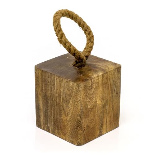 Mango Wood Doorstop | Chunky Cube Wooden Door Stop with Jute Handle | Doorstop Block Indoor Weighted Door Stopper for Floor - 1.4kg