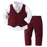 Agoky Jungen Anzug Set Langarm Hemd mit Kentkragen Fliege Anzughose mit Y-Form Hosenträger Festlich Sakko Smoking Gentleman Outfits Burgundy R 80-86
