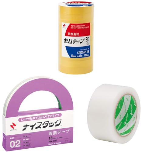 【セット買い】ニチバン セロテープ 大巻 10巻入 18mm×35m CT405AP-18 + 両面テープ ナイスタック (しっかり貼れてはがしやすい) 15mm×18m NW-H15 + 養生テープ フィルムクロス テープ 50mm×25m巻 半透明 1
