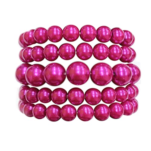 Rosemarie & Jubalee Women's Statement Set Of 5 Stacking Pearl Bead Stretch Bracelets, 2.5" (Metallic Fuchsia Purple) #TOP29