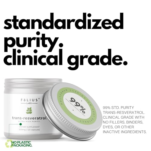 FOLIUS LABS Ultra High Purity Resveratrol Capsules - 99% Trans-Resveratrol - Japanese Knotweed Extract - Support Immunity, Support Healthy Aging - 120 Caps Reservatrol Supplement