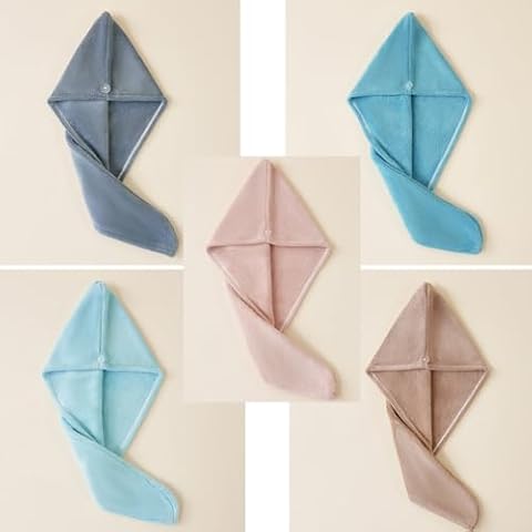 HVMS 11x28 Inches 5 Pieces Thicken Microfiber Hair Towel Wrap for Women with Elastic Loop Super Soft Absorbent Quick Dry Hair Turban (Color_2, 5PCS) Cover