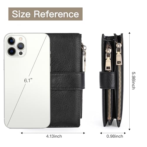 Image of GOIACII Womens Wallets RFID Blocking Leather Trifold Clutch Wallet Credit Card Holder Ladies Purse 3 ID Windows Black