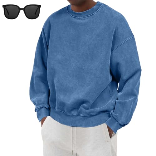 Mokaloha Men's Distressed Washed Cotton Round Neck Long-Sleeved Sweatshirt, Basic Retro Casual Sweatshirt Crewneck