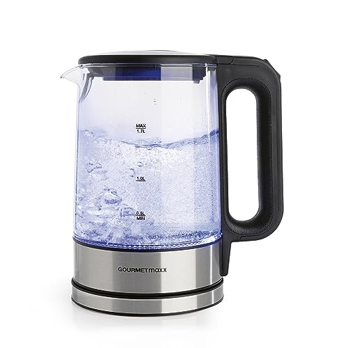 GOURMETmaxx Bouilloire en verre au design intemporel en acier inoxydable avec éclairage LED bleu | Indicateur de niveau d'eau pratique, filtre anticalcaire,...