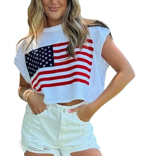 Image of Womens American Flag Sweater Cap Sleeve Summer Crop Tops Crew Neck Loose Fit Knit Sweater Pullover Top
