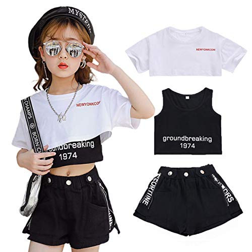 LXXIASHI 3PCS Toddler Baby Girl Summer Outfit Short Sleeve Crop Top + Tank Top + Shorts Set (Letter Print - Black White, 5-6 Years)