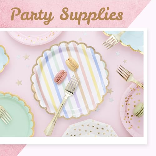 Image of Party Paper Plates, 50-Pack 9-Inch Bulk Disposable Decorative Paper Plates with Gold Scalloped Trim, Pastel Colors for Tea Party, Easter, Garden Party, and Bridal Showers, Pastel Rainbow Stripes