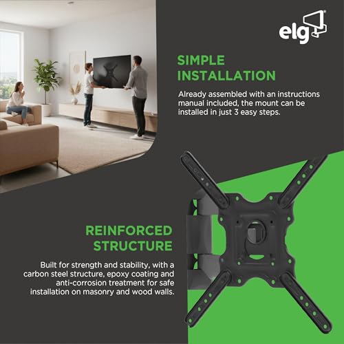 Image of ELG Full Motion TV Wall Mount for TVs 26'' to 75'', Holds up to 83.8 lbs, Articulating Arms, Swivel, Tilt, Extension, Max VESA 400x400mm, A02V4N, Steel, Black