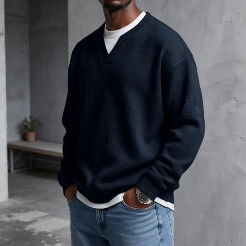 Mens Waffle Knit Layered Top Long Sleeve V Neck Casual Shirts Fall Outfits - image 3