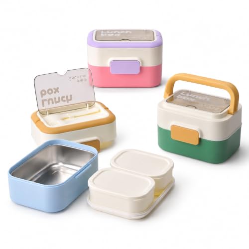 Deconox Paslanmaz Çelik Hazneli Kulplu Yemek Kabı 1010 ml, Bölmeli Lunch Box Seti, Çatal Kaşık Dahil, Kilitli Kapaklı Taşıma ve Saklama Kabı, Renkli Desenli