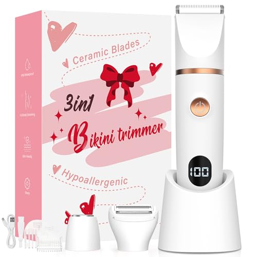 Crolanli Bikini Trimmer for Women, 3-in-1 Electric Razor, IPX7 Waterproof Ceramic Blades, Wet & Dry Use, LED Display, Painless Shaver for Bikini, Face, Underarms, Legs, Home Travel (White)