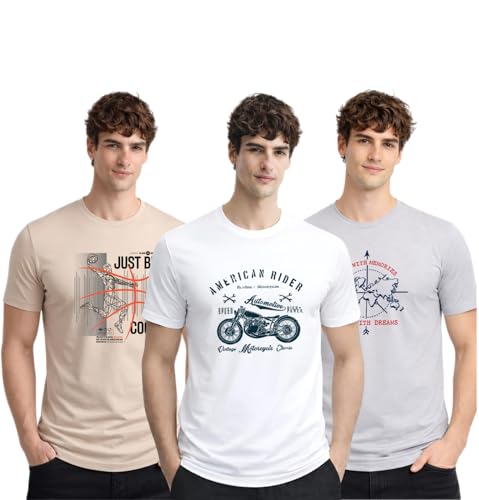 Image of ADRO Mens Printed T-Shirts Pack of 3 | 100% Cotton Regular Fit Graphic Tshirt | Breathable Stylish Casual T Shirt Gym Travel Summer T Shirts