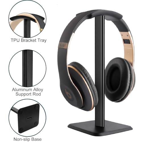 Headset Ständer, Headset Halterung, Gaming Kopfhörer Stander, Kopfhörerhalter Kopfhörerständer Ständer für Over Ear Kopfhörer Kopfhörer Haken mit Rutschfestem TPU-Silikon für Tisch Vitrine (Schwarz)