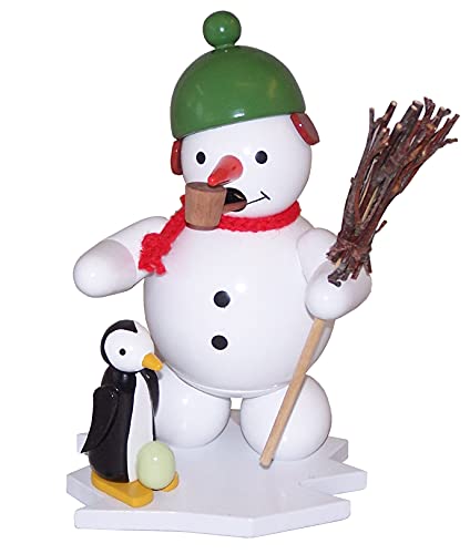 Rudolphs Schatzkiste Smoking Man Snowman with Penguin and Broom Height 13cm Smoke Man Smoking Figure Räucherkerze Figurine Wood Seiffen Erzgebirge Wood Smoke Character Christmas Decoration