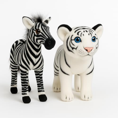 Image of Zebra & White Tiger Soft Toy Combo | 25cm Realistic Plush Animals for Kids | Stuffed Animal Gift Set for Boys & Girls | Birthday Gift & Home Decor