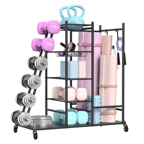 PLKOW Home Gym Storage Rack for Dumbbells, Weight Rack with Yoga Mat Holder and Kettlebell Storage, 415 lb Workout Equipment Organizer with Wheels for Garage, Home Gym