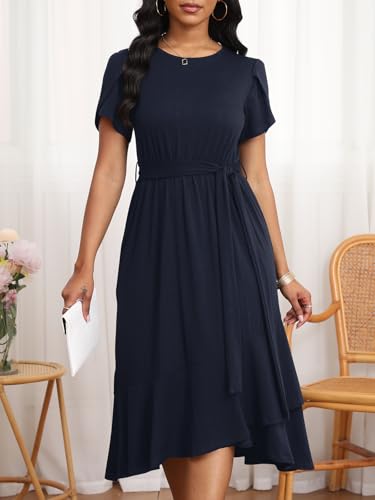 Image of PerZeal Women's Summer Dress Casual Ruffle Sleeve Crewneck A-Line Tiered Flowy Short Sleeve Long Dress with Belt