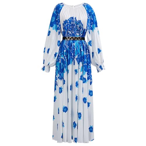 CHICWISH Women Pleated Long Sleeve Maxi Dress Watercolor Floral Print  Crewneck Casual Summer Long Dresses with Belt Blue at Amazon Women's  Clothing store
