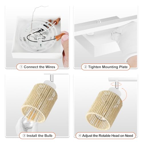 BoostArea LED 2 Light Track Lighting Kit, White 2 Way Ceiling Spot Lighting with Handwoven Hemp Rope Lampshade, Flexibly Rotatable Light Head for Kitchen, Living Room, Bedroom, Bulb Not Included by BoostArea - Used condition - Image 4