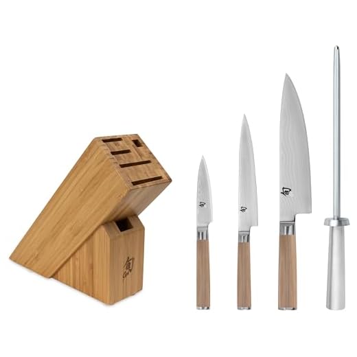 Shun Cutlery Classic Blonde 5-Piece Starter Block Set, Kitchen Knife and Knife Block Set, Includes Classic 8” Chef, 6” Utility & 3.5” Paring Knives, Handcrafted Japanese Kitchen Knives